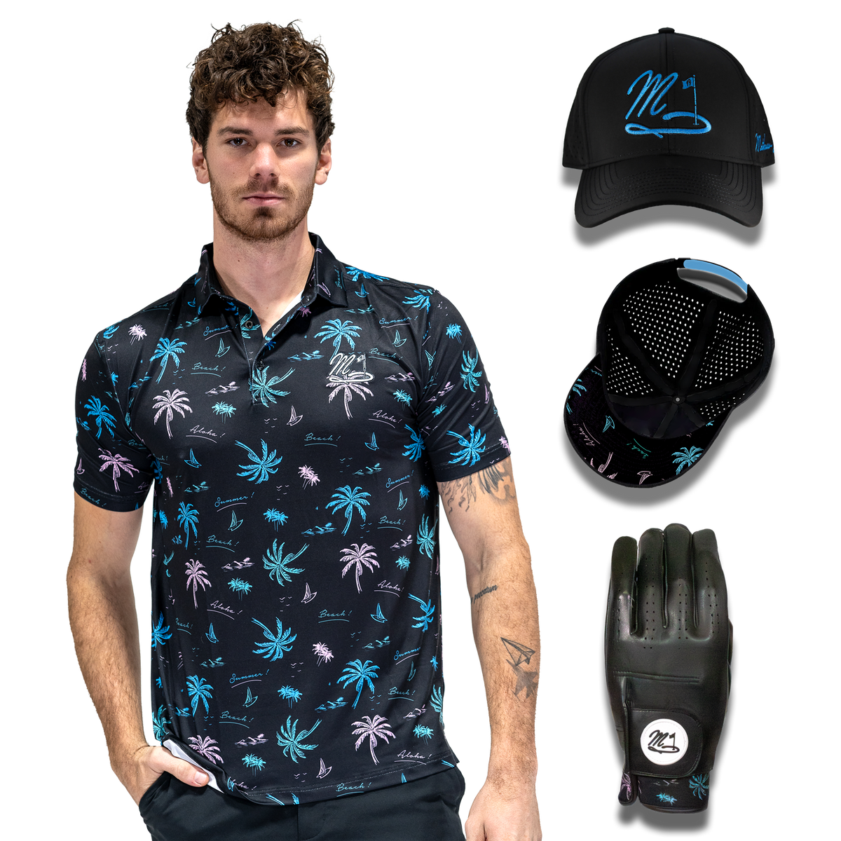 Palm Noir Complete Golf Set — Polo + Hat + Glove