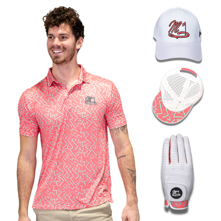 Candy Coral complete golf set with polo, hat, and glove